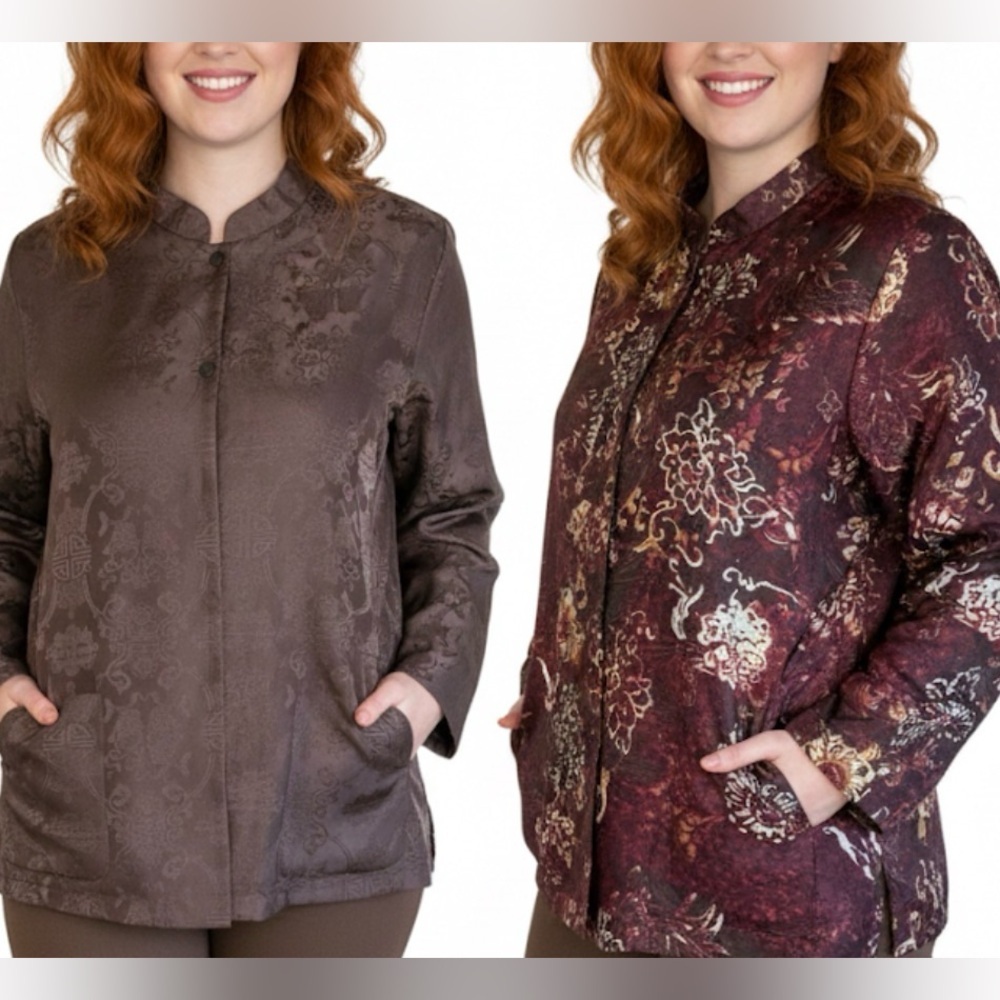 Vintage 2 in 1 Reversible Brown Jaquard‎ Jacket Nehru Collar Floral 1/2XL Plus